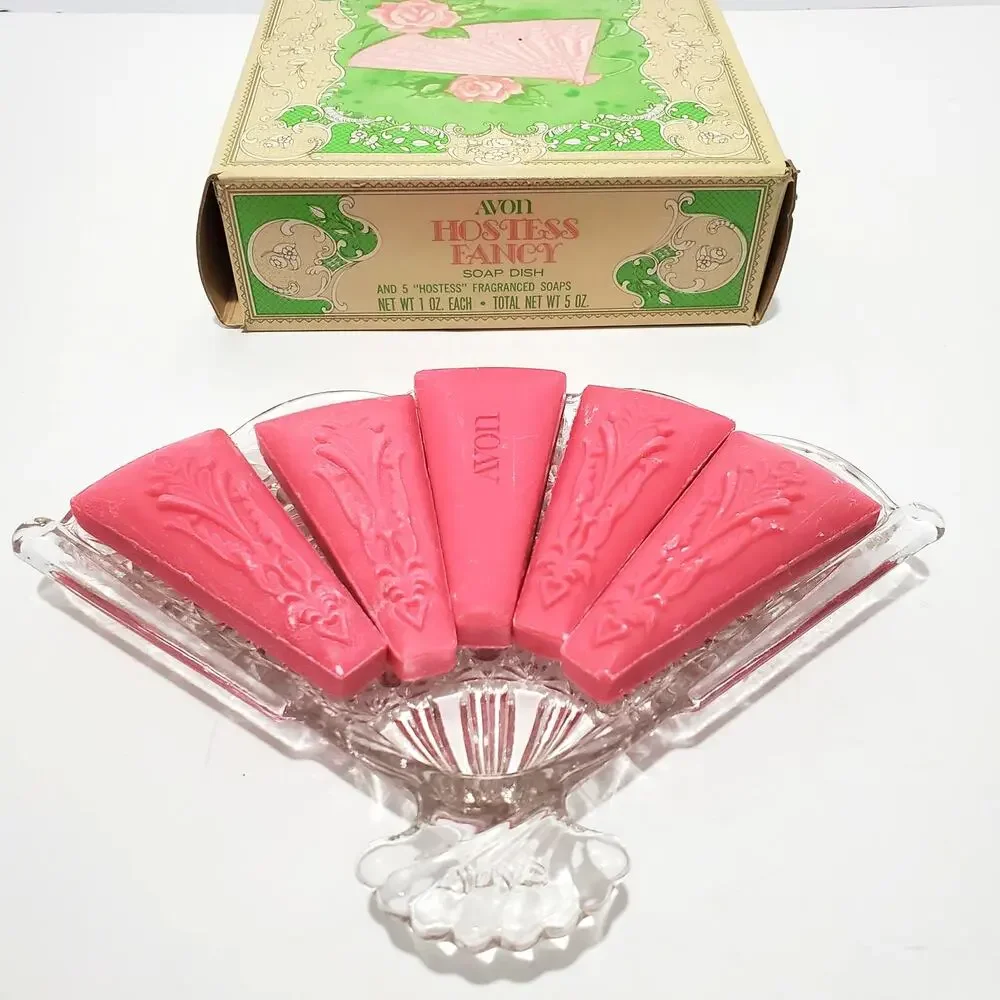 Vtg Avon Hostess Fancy Soap Dish & 5 Decorative Fragranced Pink Carved Soaps